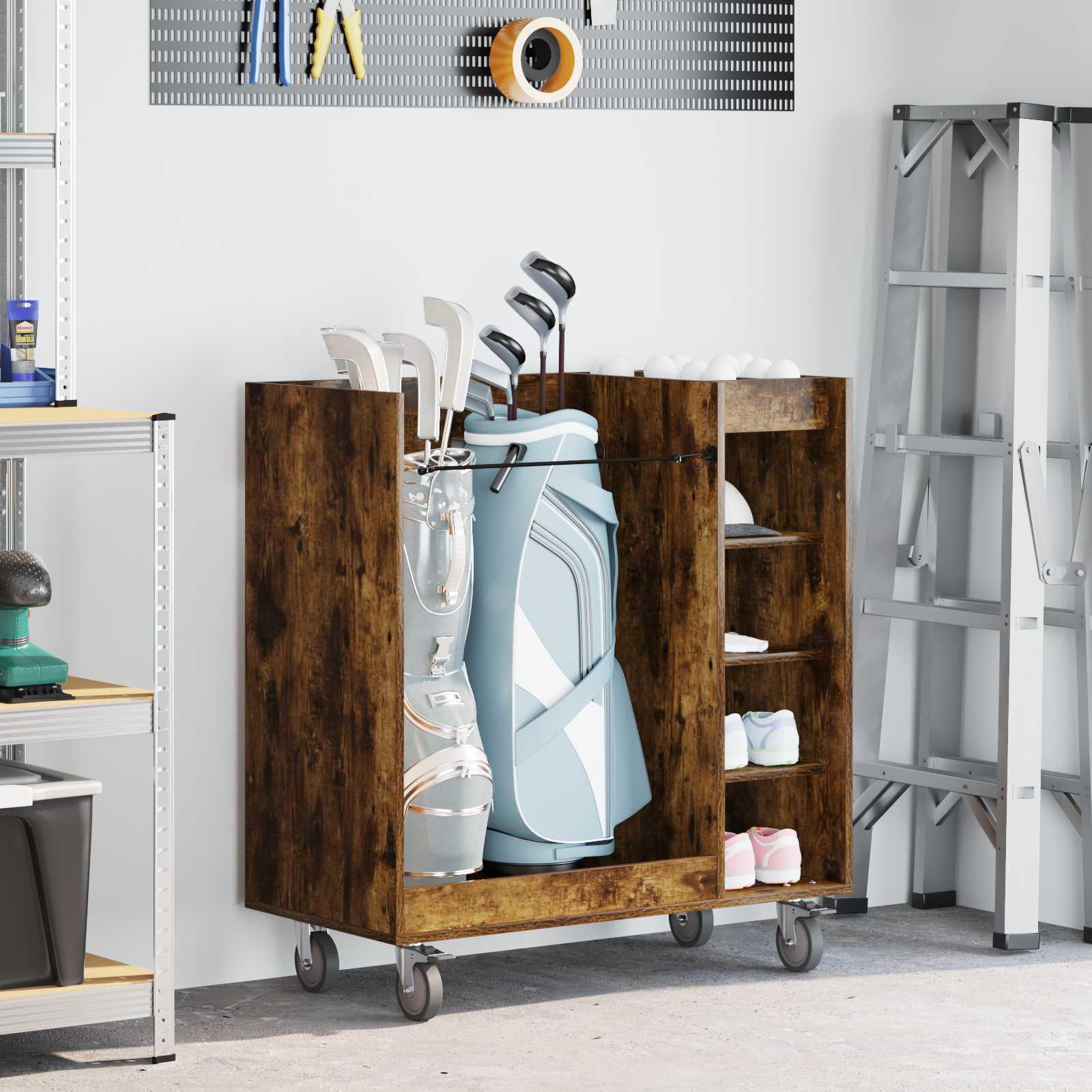 Golfskab med hjul - røget eg, 90 × 45 × 98 cm billede