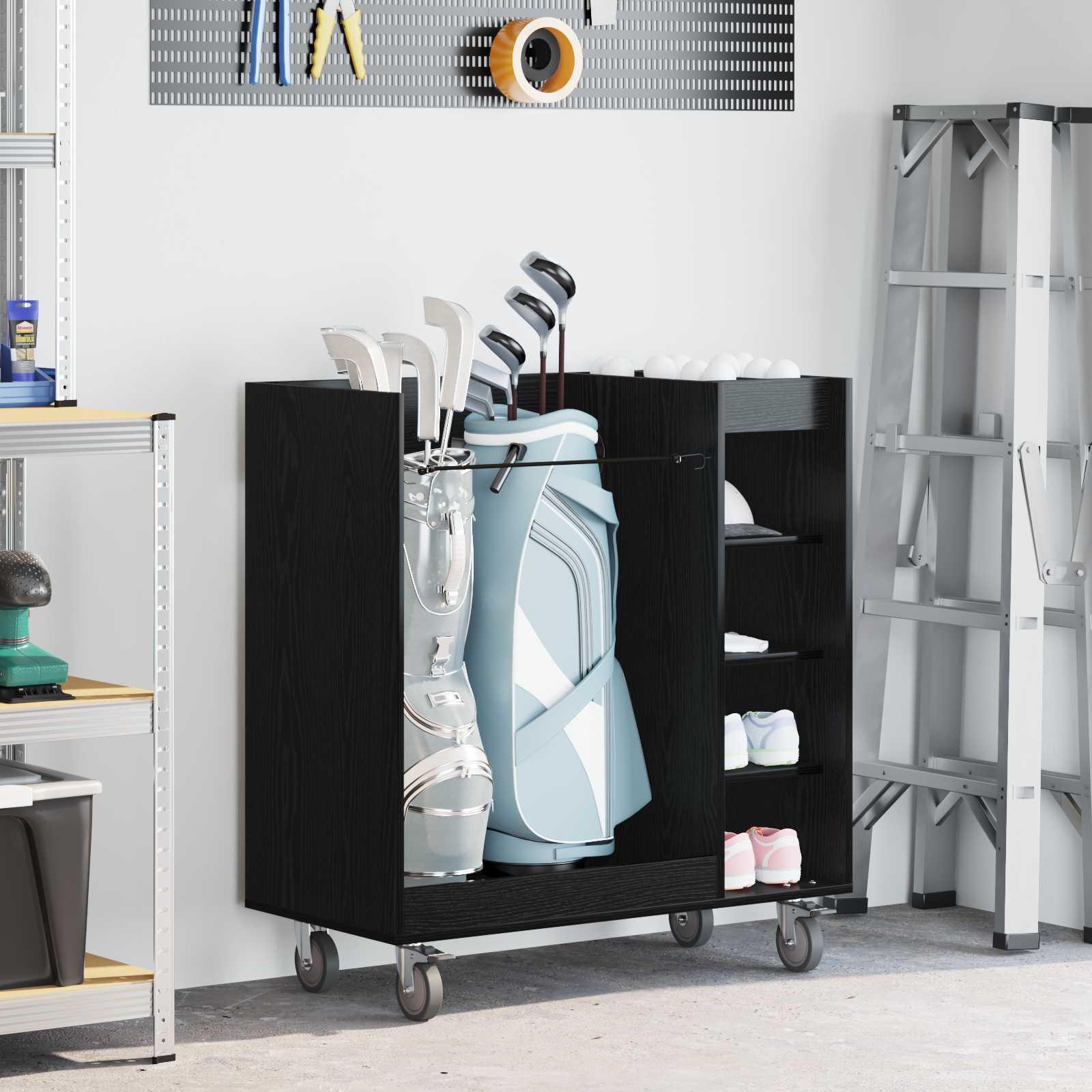 Golfskab på hjul - sort eg, 90 × 45 × 98 cm billede