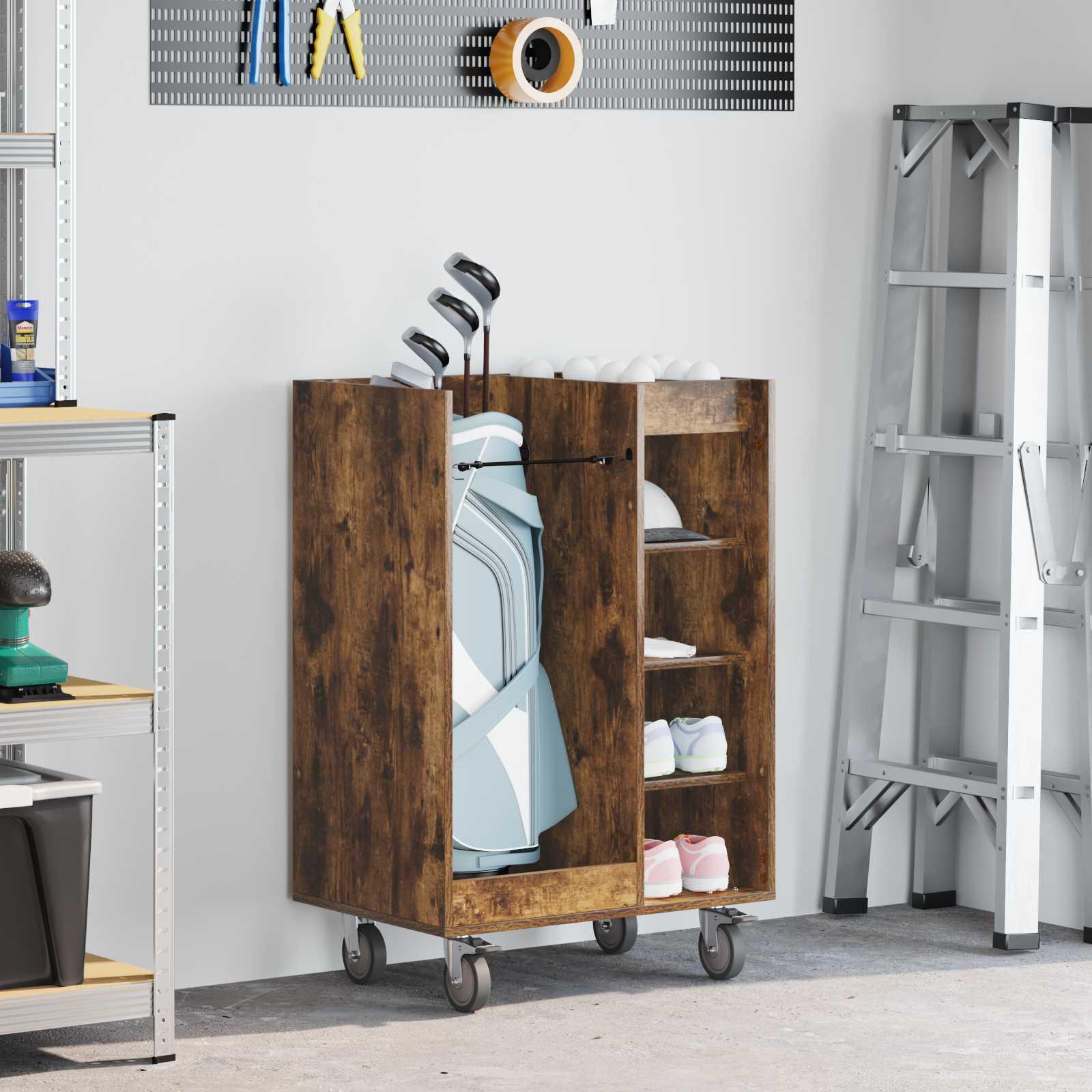 Golfskab med hjul - røget eg, 65 × 45 × 98 cm billede