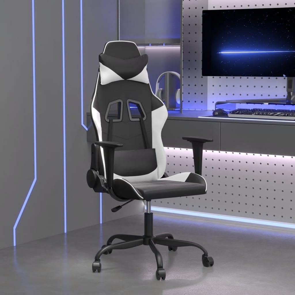 Gamingstol med massagefunktion kunstlæder sort og hvid billede