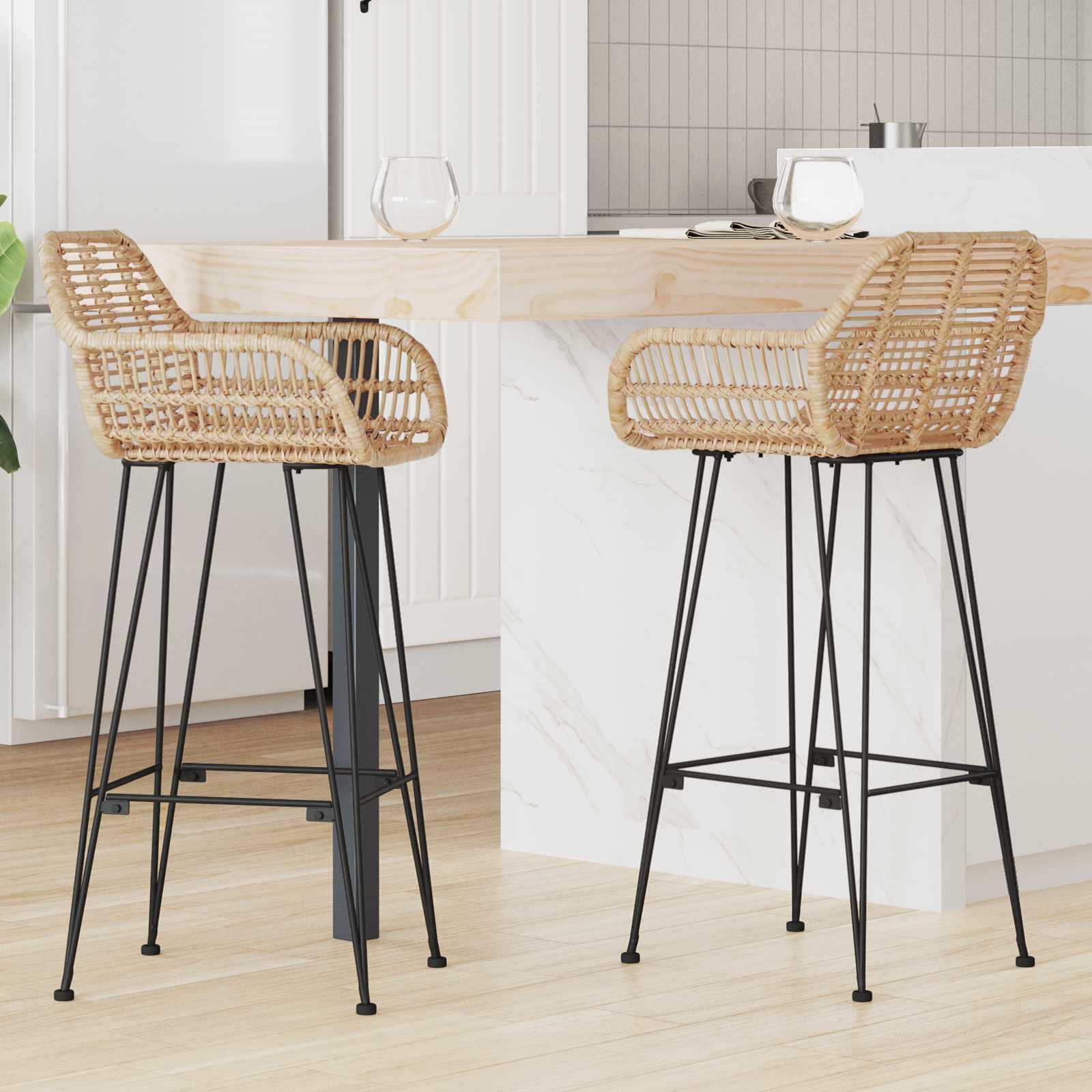 Barstol 2 stk Naturfarvet 55 x 52 x 92 cm Rattan og Jern billede