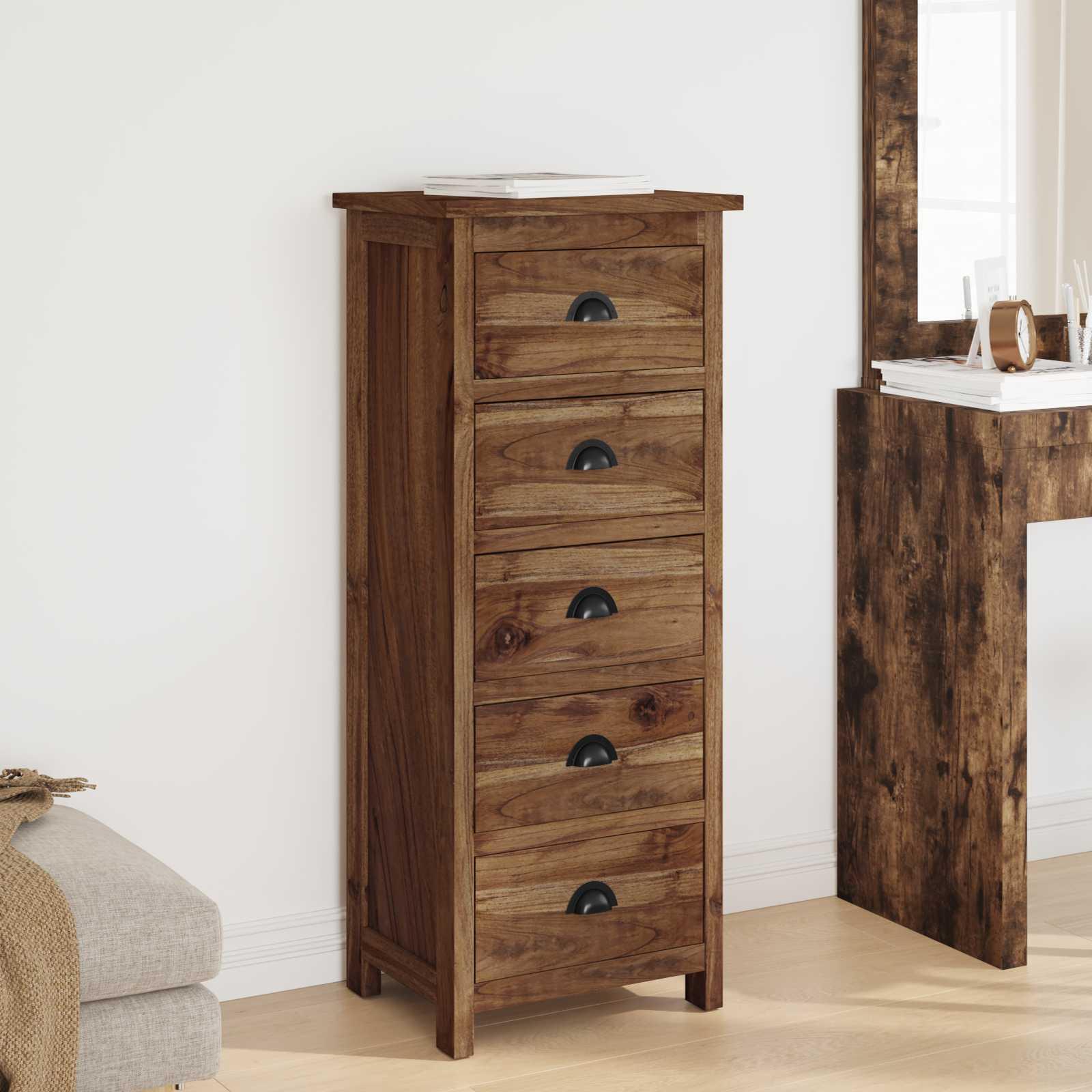 Skuffeskab i massivt teaktræ med 5 skuffer - naturfarvet kommode 45 x 35 x 110 cm