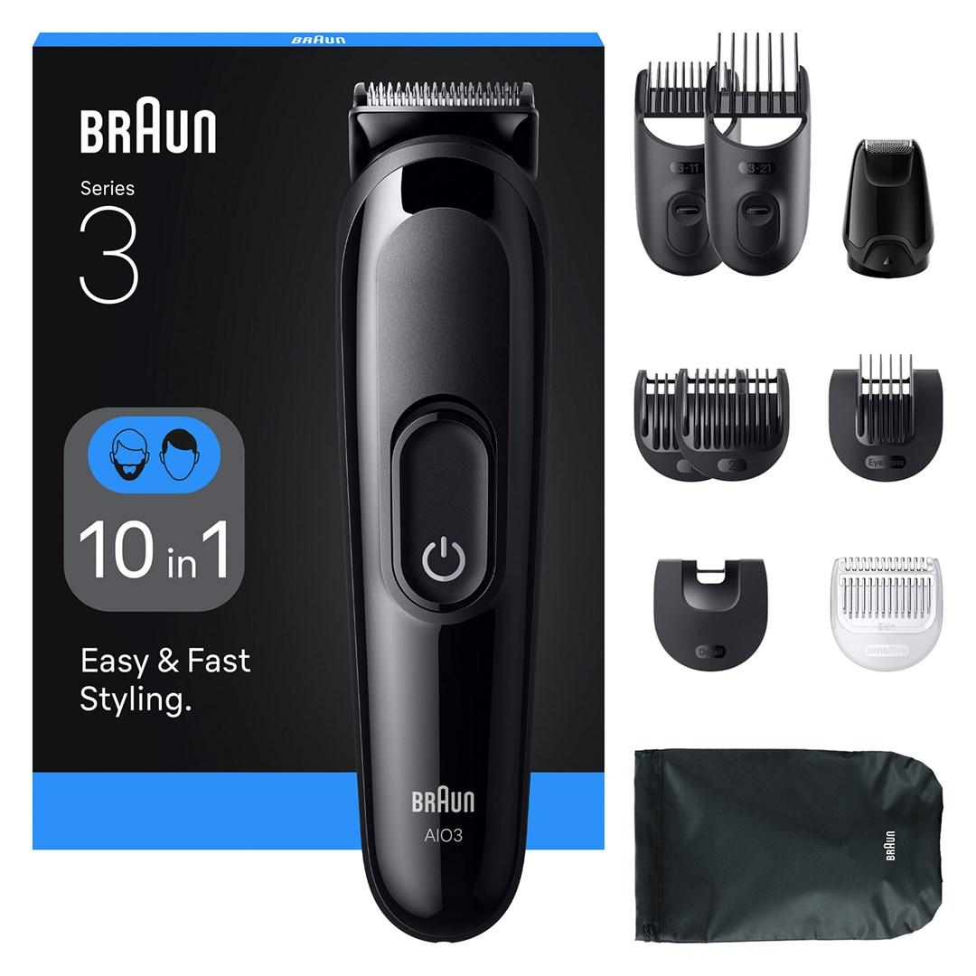 Skægtrimmer og hårtrimmer Braun Series 3 AIO3560, sort – 10-i-1, 14 længder billede