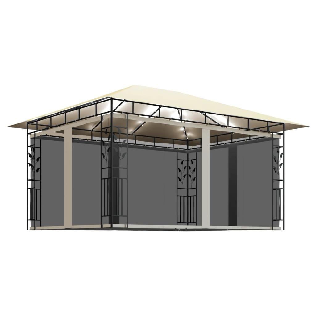Pavillon med myggenet og LED-lyskæder 4x3x2,73 m cremefarvet