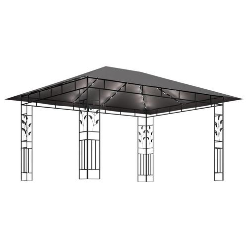 Pavillon med myggenet og LED-lyskæder 4x3x2,73 m antracitgrå