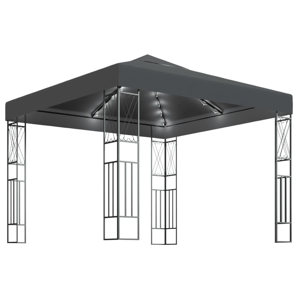 Pavillon med LED-lyskæder 3x3 m stof antracitgrå billede