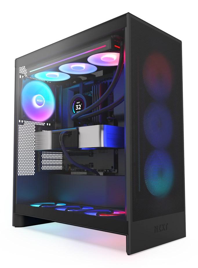 NZXT H7 Flow RGB midi tower PC-kabinet - sort med hærdet glas og 3 x 120 mm frontblæsere