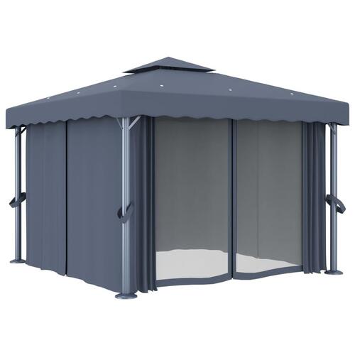 Pavillon med gardin og LED-lyskæder 3x3 m antracitgrå
