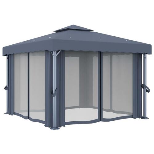 Pavillon med gardin og LED-lyskæder 3x3 m antracitgrå