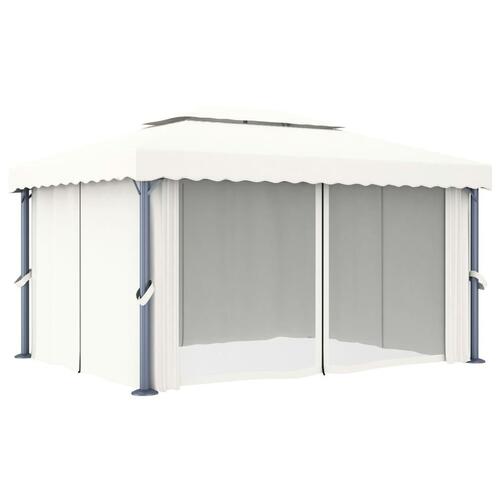 Pavillon med gardin og LED-lyskæder 4x3 m cremefarvet
