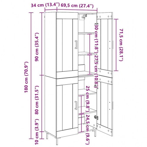 Highboard i 2 dele - sort eg 69,5 x 34 x 180 cm