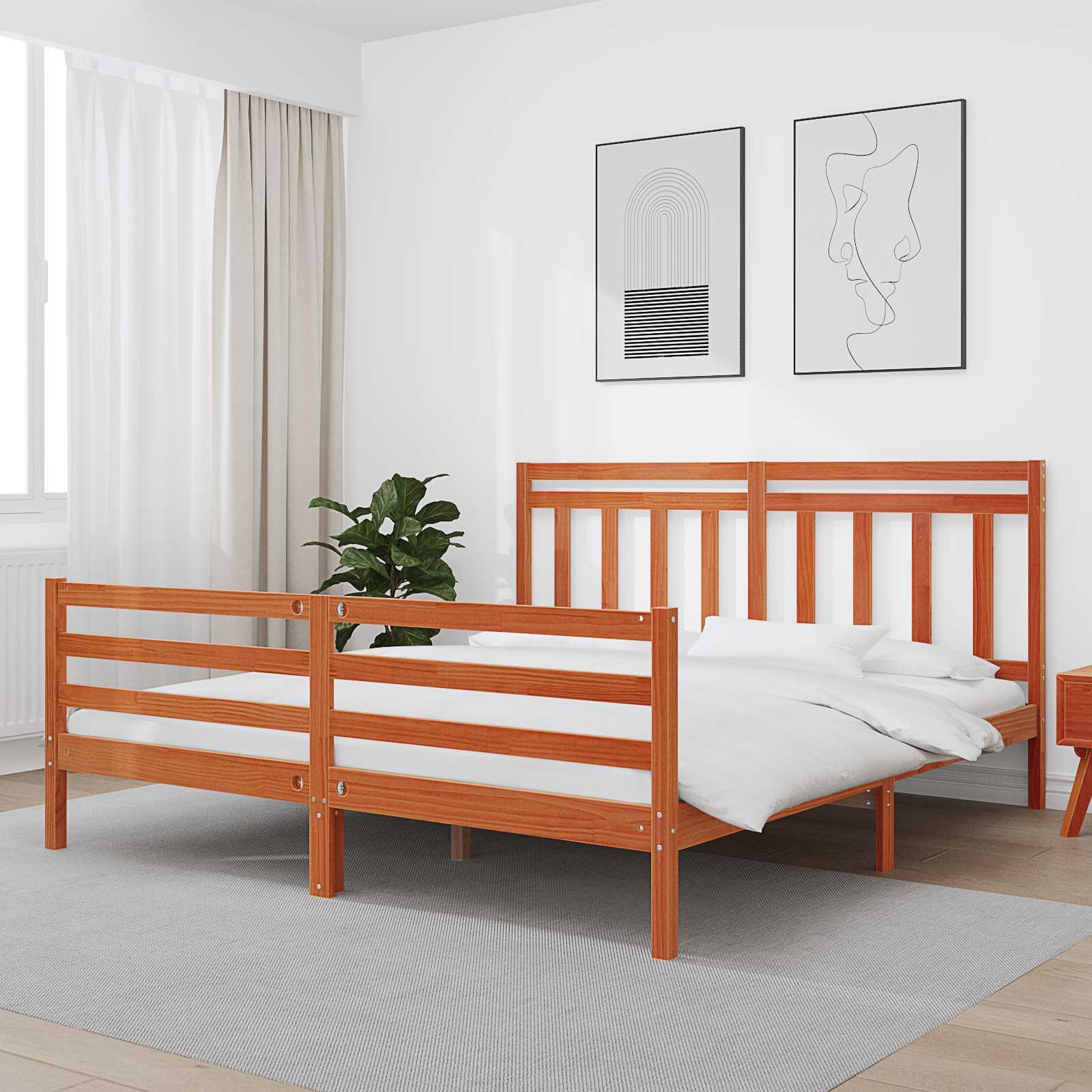 Sengestel med hovedgærde i massivt fyr - voks brun 180 x 200 cm billede