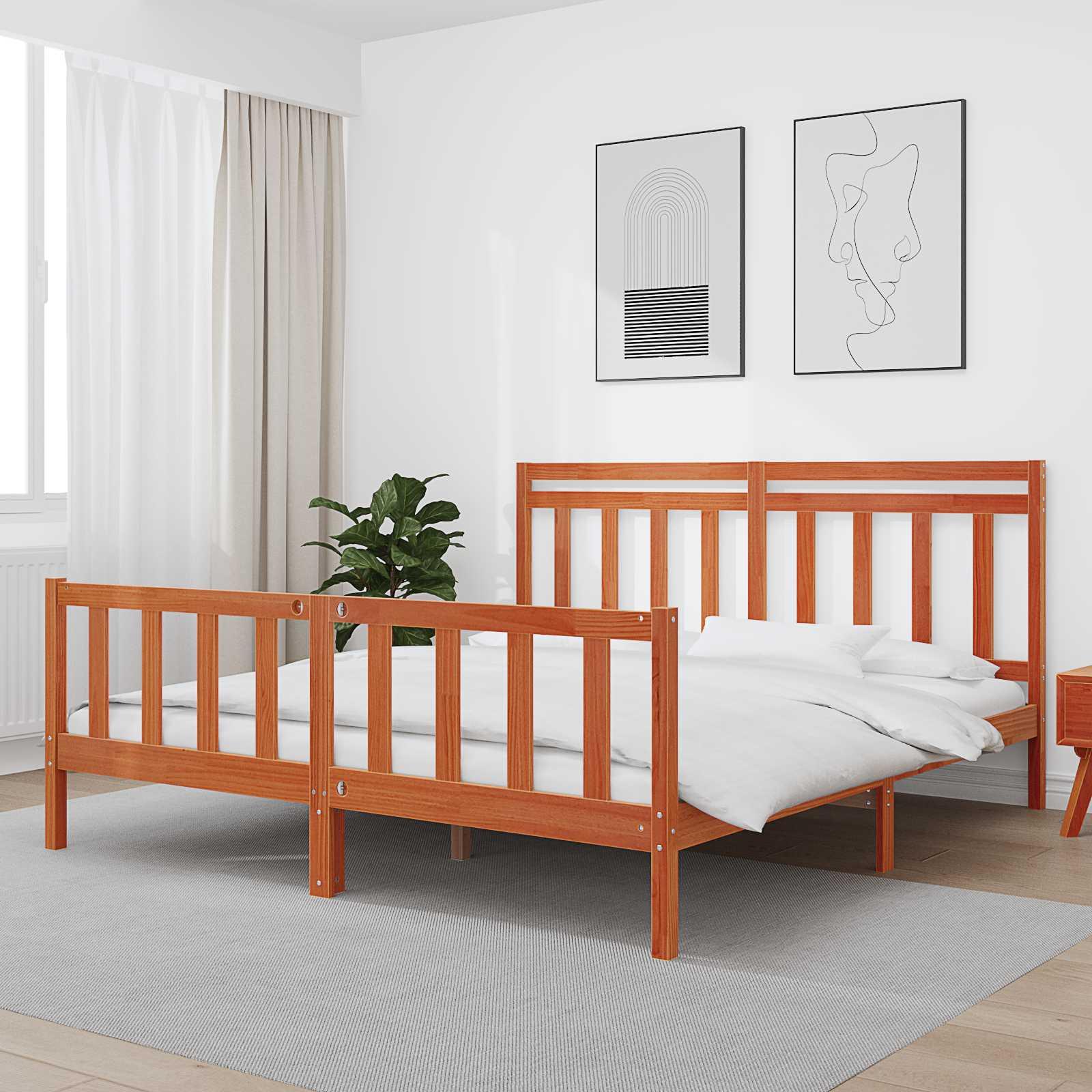 Sengestel med hovedgærde - 2 stk, voks brun, 205,5 × 185,5 × 100 cm billede