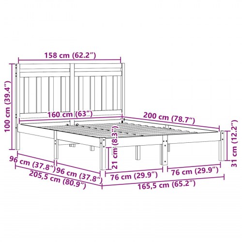 Sengestel i massivt fyrretræ - voks brun, 205,5 × 165,5 × 100 cm (til madras 160 × 200 cm)