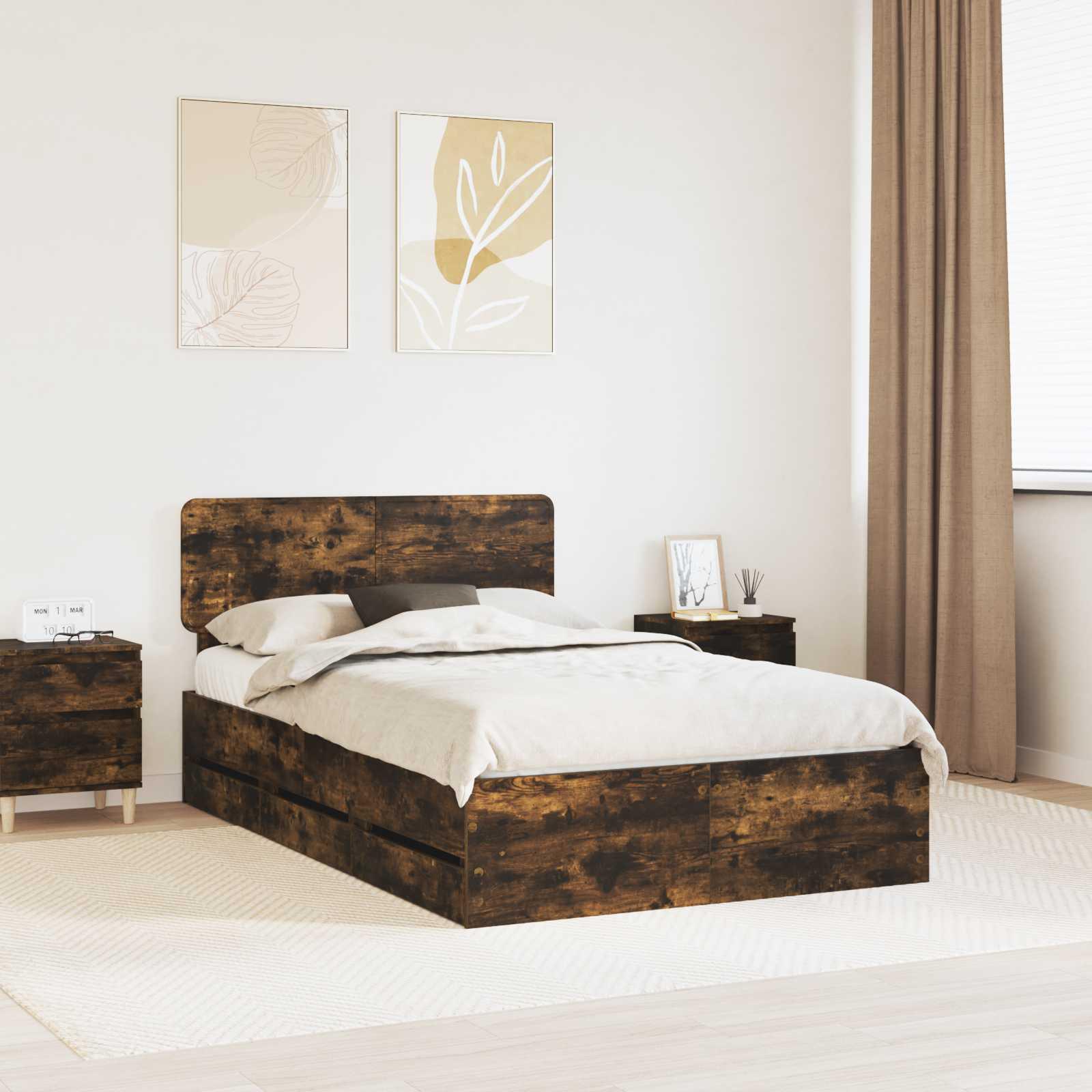 Sengestel med skuffe Røget eg 135 x 190 cm Ingeniørtræ billede