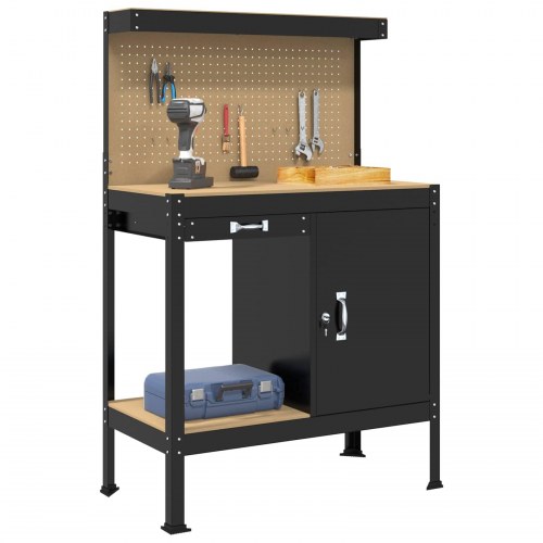 Arbejdsbænk med skuffe og pegboard - sort, 90 x 49 x 141 cm