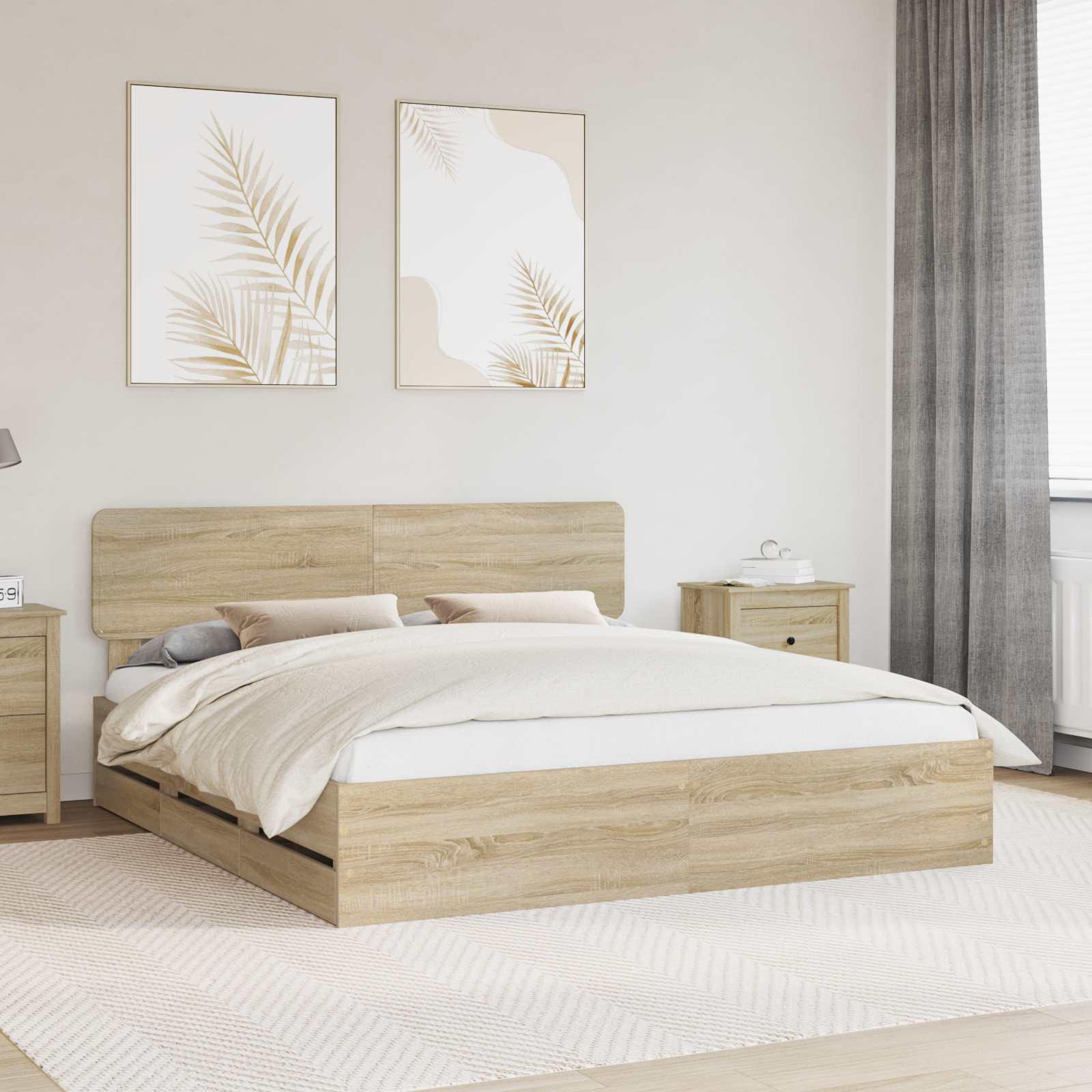 Sengestel med skuffe Sonoma eg 200 x 200 cm Ingeniørtræ billede