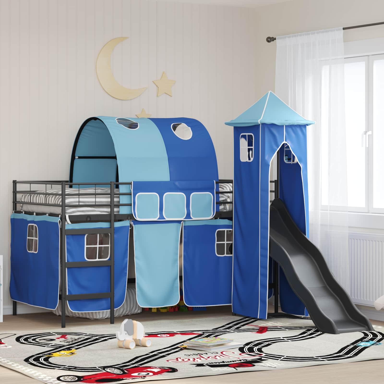 Børns Loft Seng Ramme med Gardiner, Bue, Rutsjebane, Tårn billede
