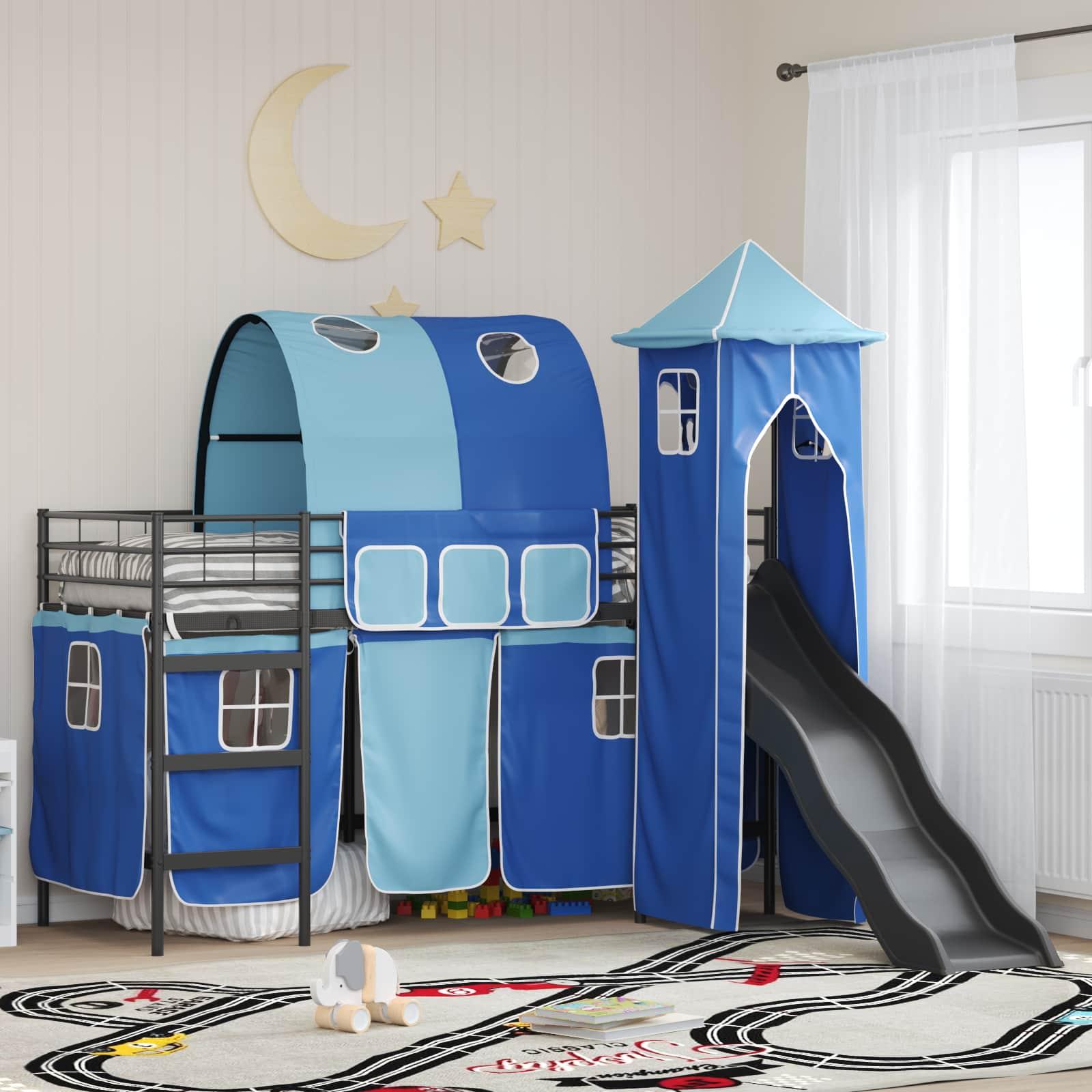 Børns Loft Seng Ramme med Gardiner, Bue, Rutsjebane, Tårn billede