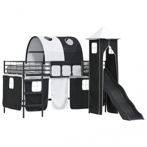 Børns Loft Seng Ramme med Gardiner, Bue, Rutsjebane, Tårn Sort