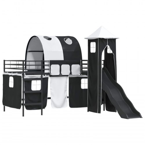 Børns Loft Seng Ramme med Gardiner, Bue, Rutsjebane, Tårn Sort