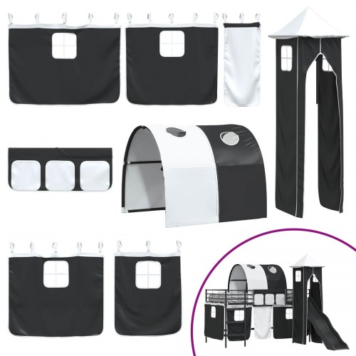 Børns Loft Seng Ramme med Gardiner, Bue, Rutsjebane, Tårn Sort