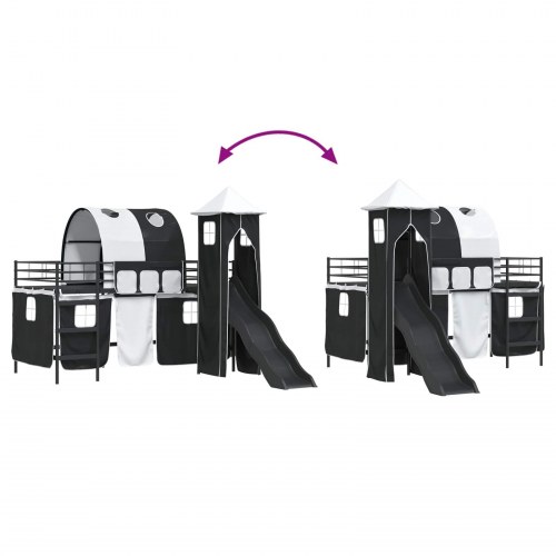 Børns Loft Seng Ramme med Gardiner, Bue, Rutsjebane, Tårn Sort