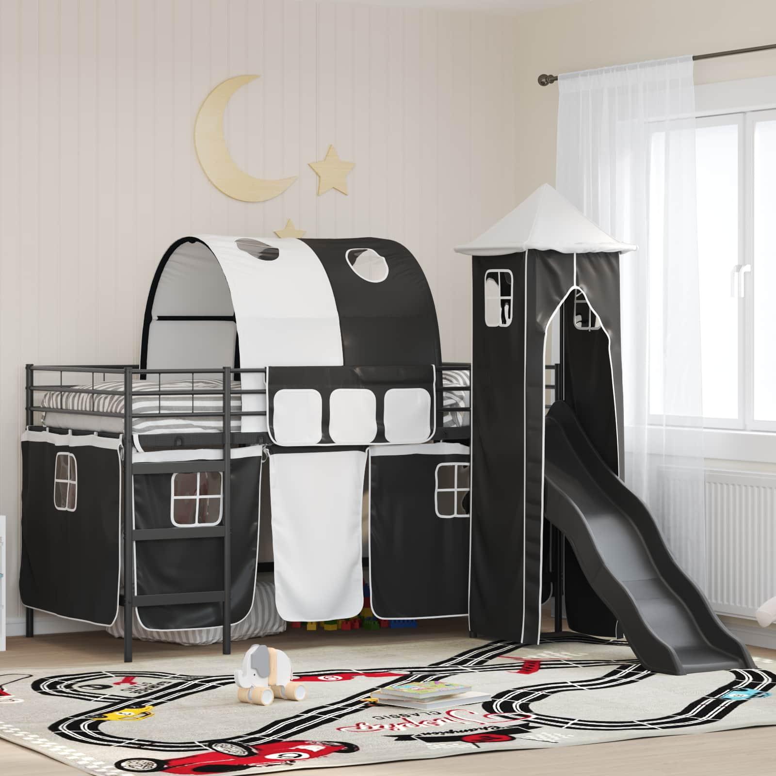 Børns Loft Seng Ramme med Gardiner, Bue, Rutsjebane, Tårn Sort billede