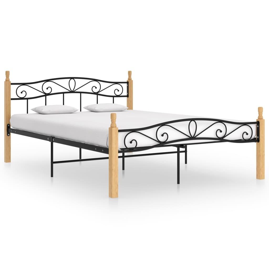 Sengeramme 160x200 cm metal og massivt egetræ sort