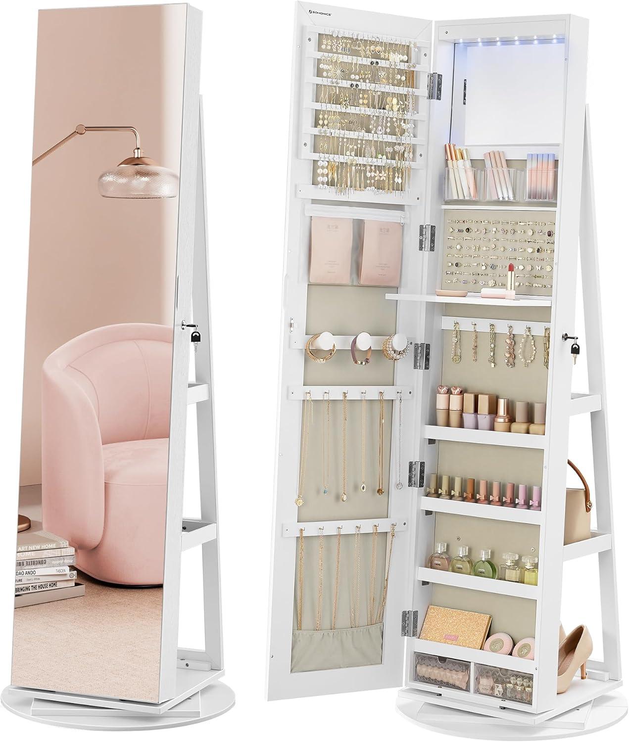 Spejl-smykkeskab med 6 LED, låsbart – fritstående 360° drejefunktion, rammeløst helkropsspejl, 3 opbevaringshylder – hvid/greige