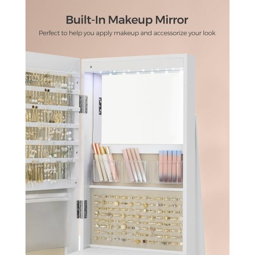 Spejl-smykkeskab med 6 LED, låsbart – fritstående 360° drejefunktion, rammeløst helkropsspejl, 3 opbevaringshylder – hvid/greige