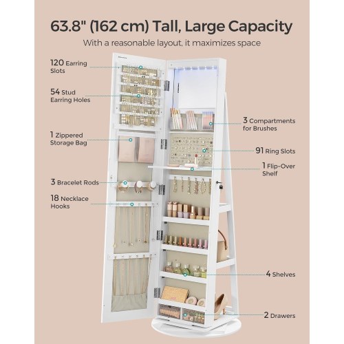Spejl-smykkeskab med 6 LED, låsbart – fritstående 360° drejefunktion, rammeløst helkropsspejl, 3 opbevaringshylder – hvid/greige