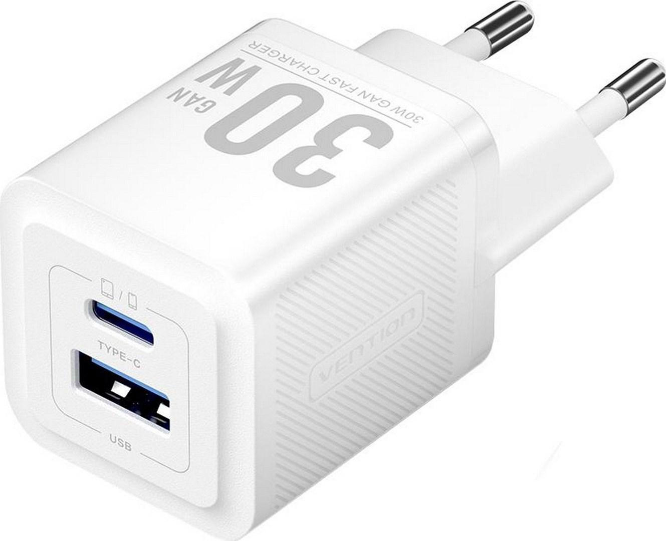 Vention GaN vægoplader 30 W - USB‑C + USB‑A, hvid billede