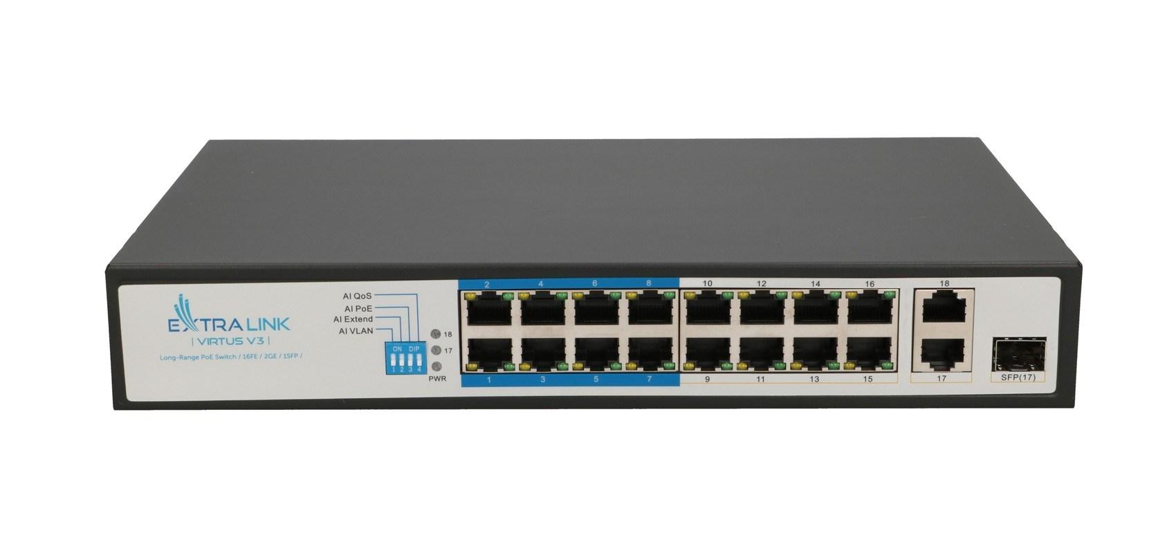 Extralink VIRTUS V3 PoE-switch – 16× 100 Mb/s PoE/PoE+, 2× Gigabit RJ45 + 1× SFP, 150 W billede