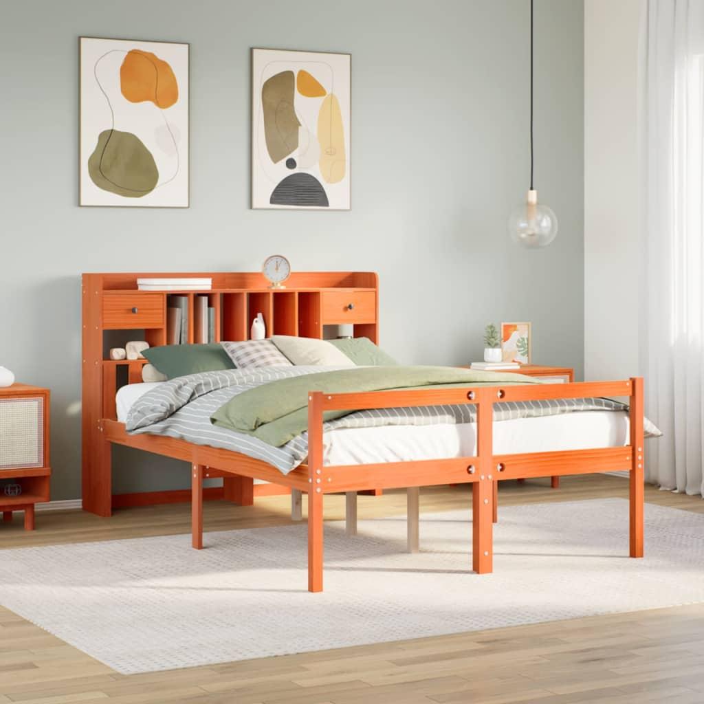 Seng med reol uden madras 140x190cm massivt fyrretræ gyldenbrun billede