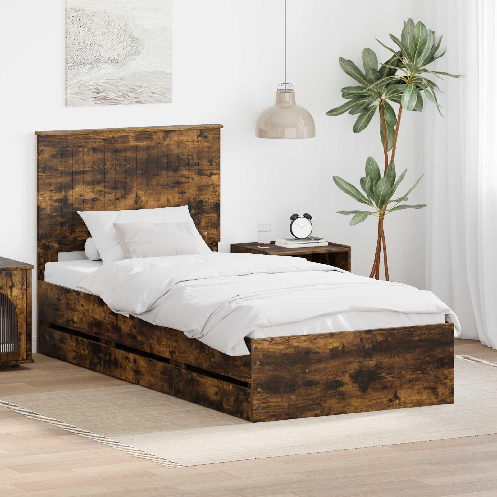 Sengestel med skuffe Røget eg 90 x 190 cm Ingeniørtræ billede