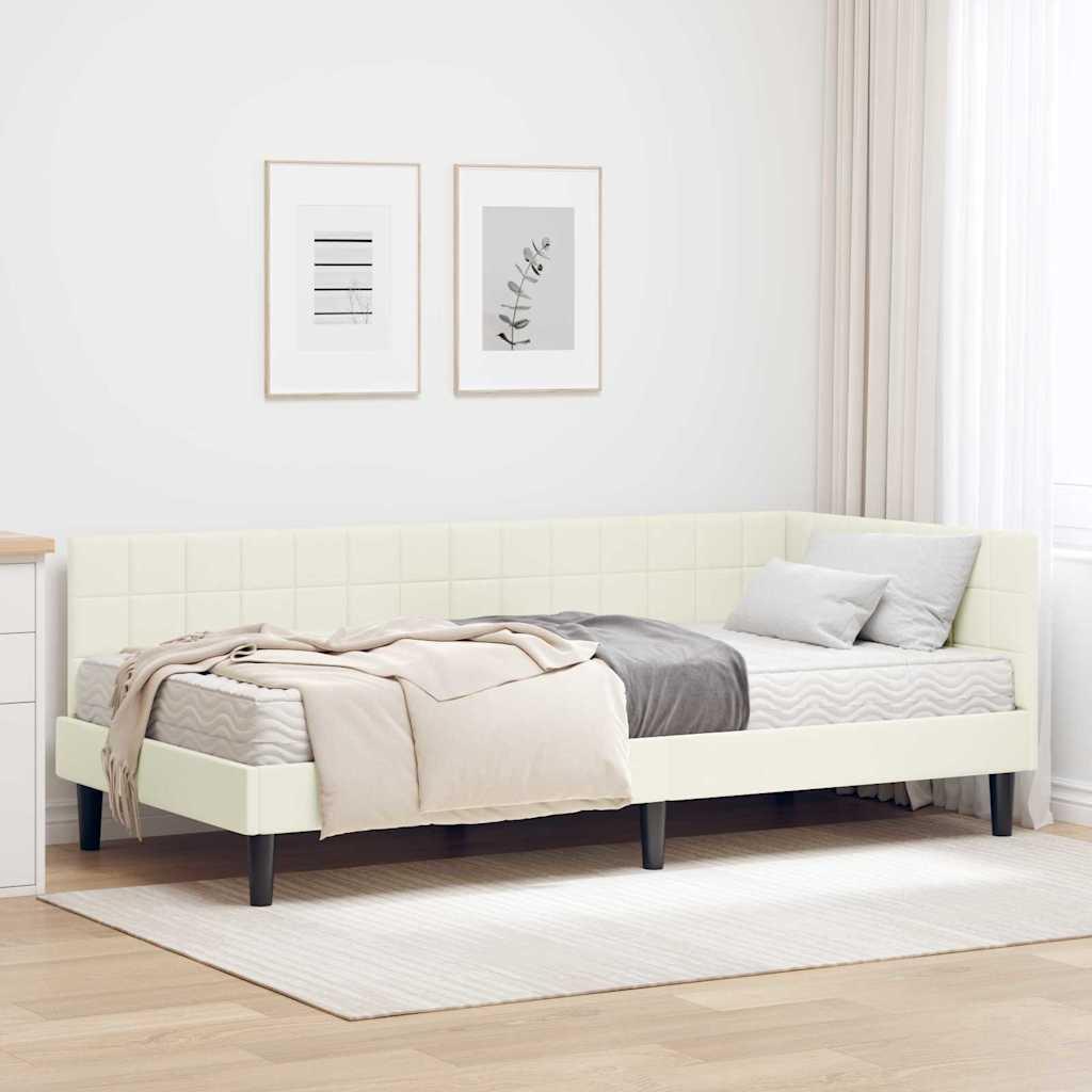Hjørnesengramme med madras i fløjl - creme 90 x 190 cm