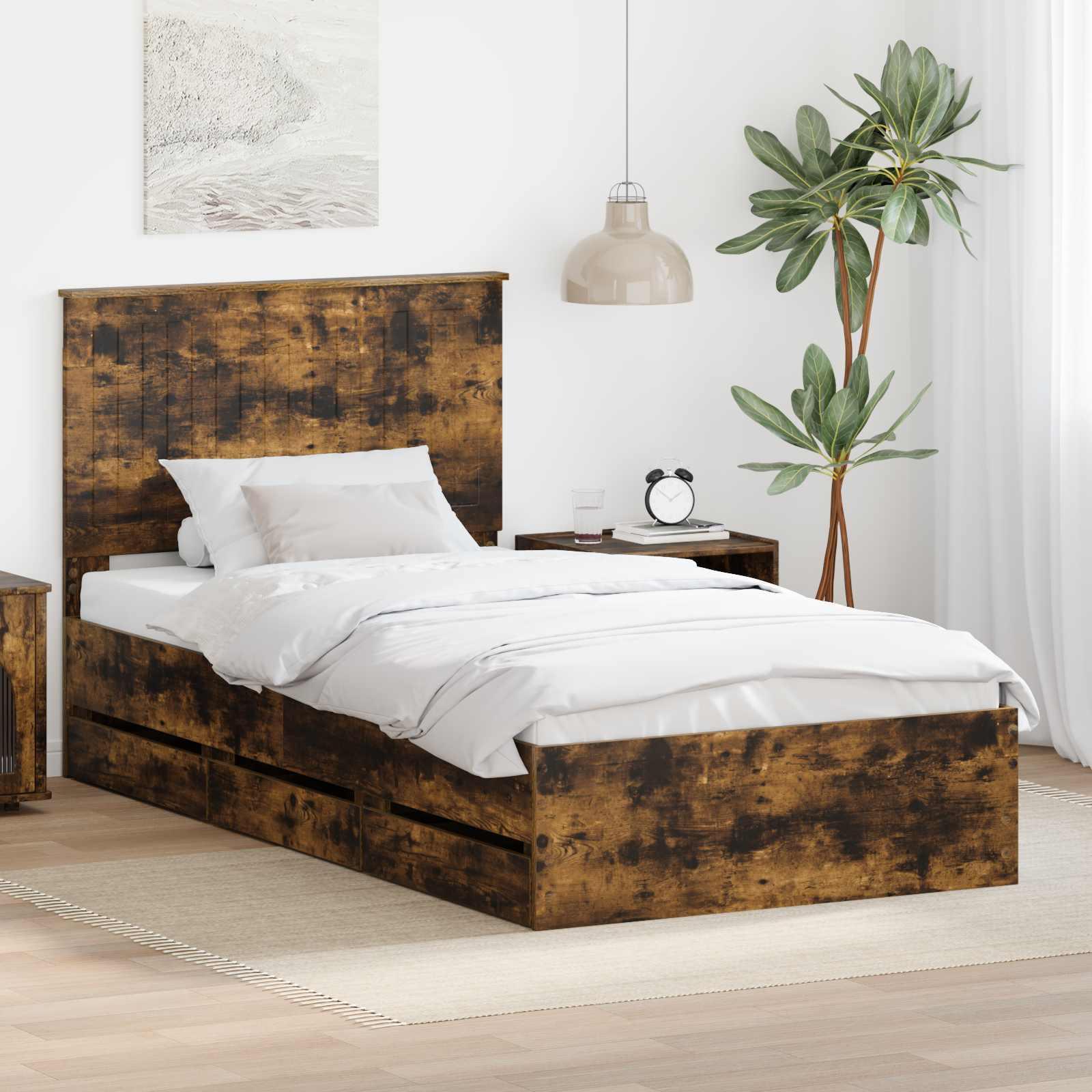 Sengestel med skuffe Røget eg 100 x 200 cm Ingeniørtræ billede