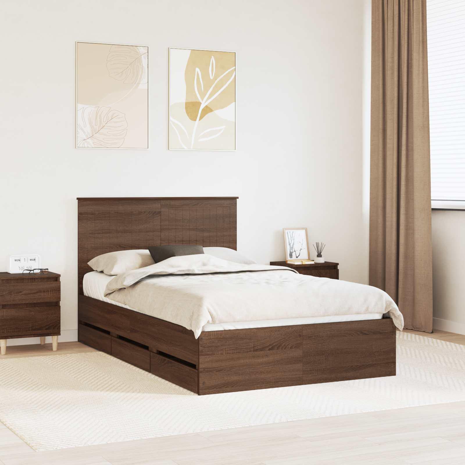 Sengestel med skuffe Brun eg 120 x 200 cm Ingeniørtræ billede