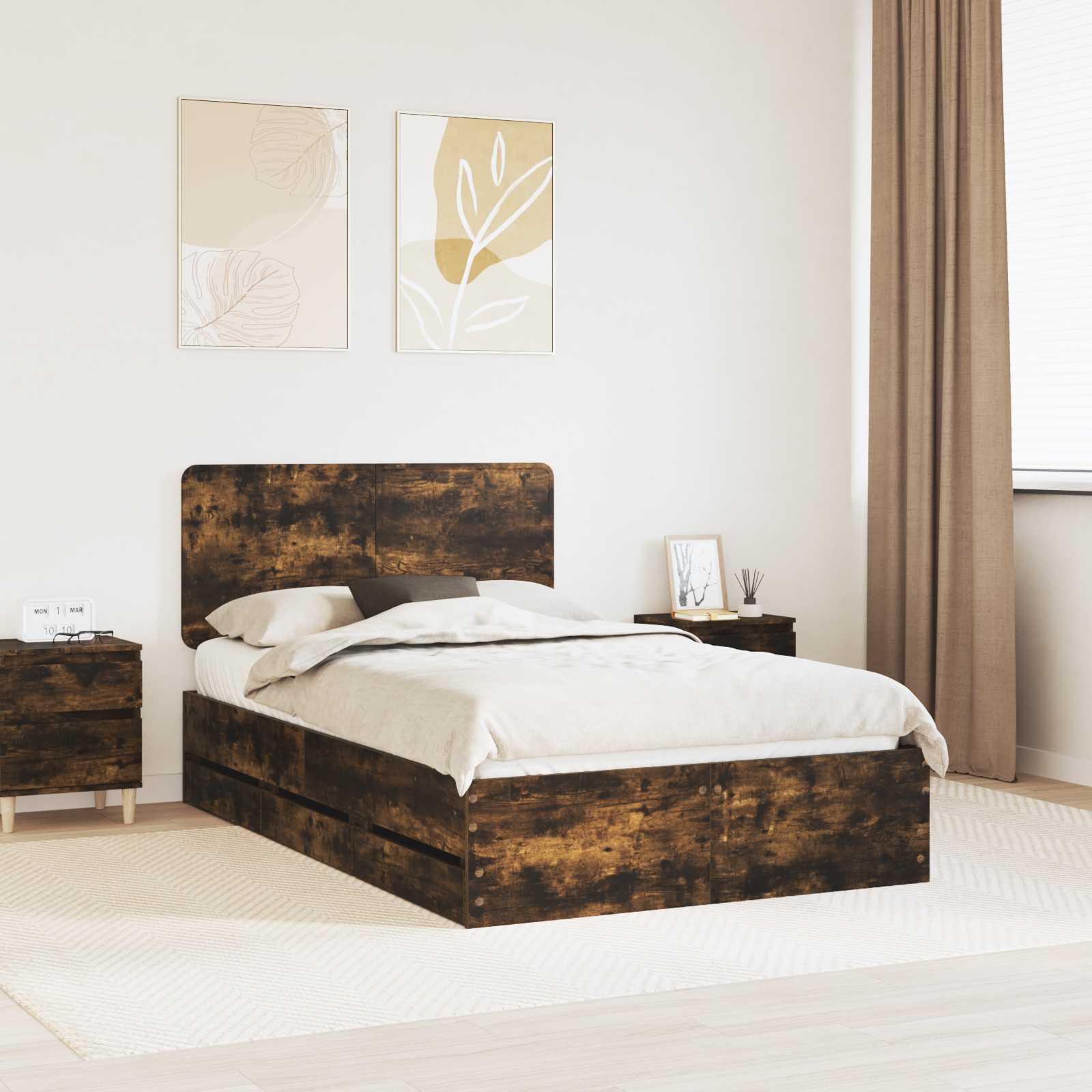 Sengestel med skuffe Røget eg 135 x 190 cm Ingeniørtræ billede