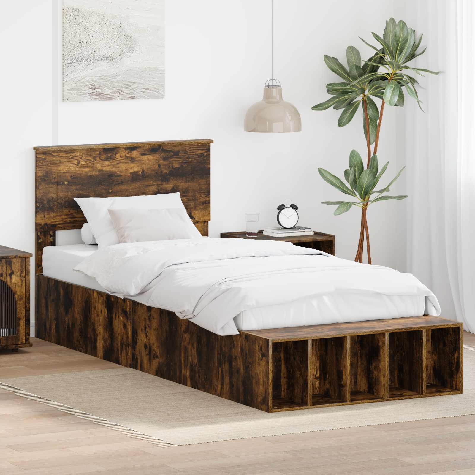 Sengestel med hylde Røget eg 100 x 200 cm Konstrueret træ billede
