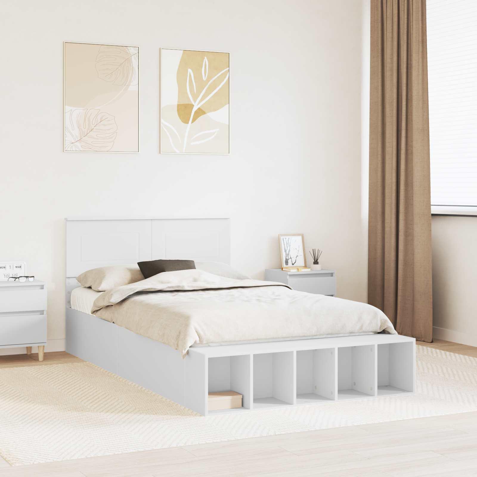 Sengestel med hylde - hvid 135 x 190 cm, konstrueret træ billede