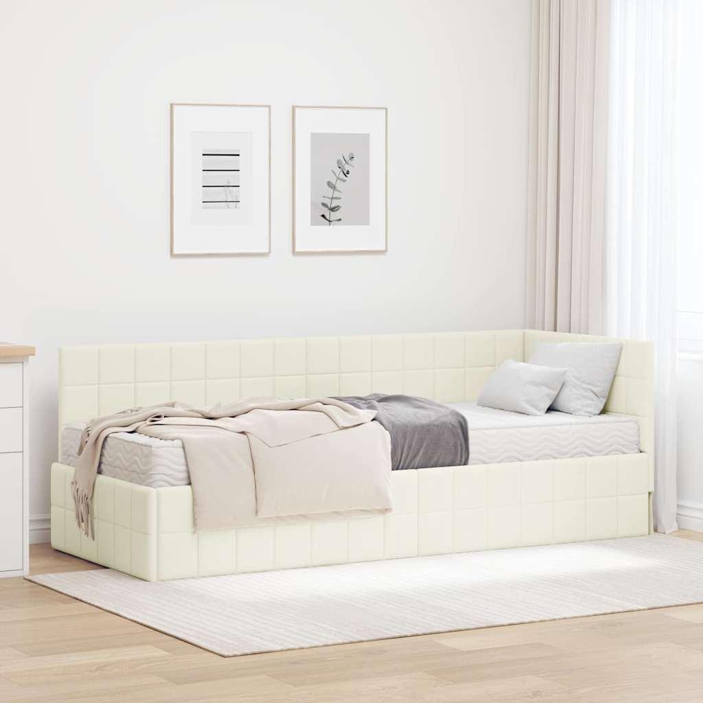 Hjørneseng med madras og væghængt hovedgærde - creme fløjl, 80×200 cm billede