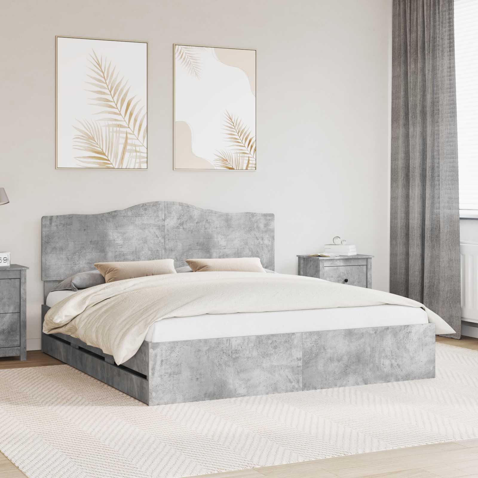 Sengestel med skuffe Beton Grå 200 x 200 cm Ingeniørtræ billede