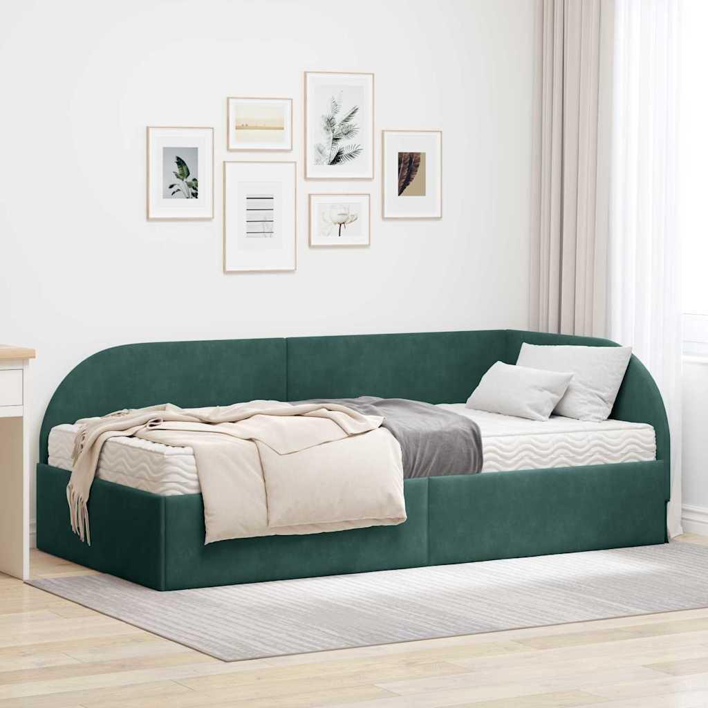 Hjørnesengramme med madras og 2 hovedgærder - grøn fløjl, 80×200 cm billede