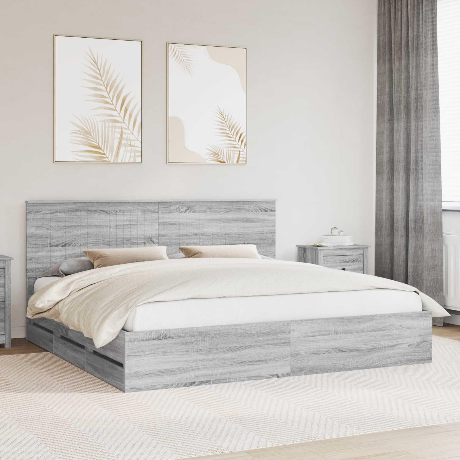 Sengestel med skuffe Grå Sonoma 200 x 200 cm Ingeniørtræ billede