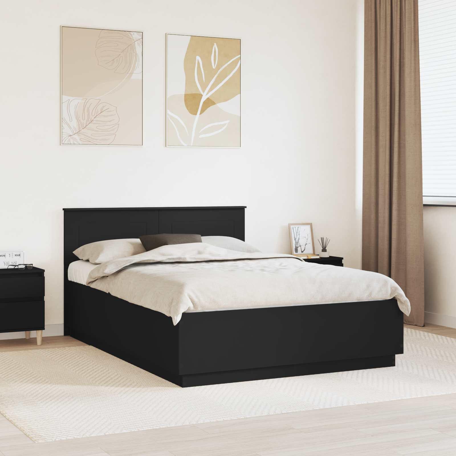 Sengestel med LED-lysstrimler - sort 150 × 200 cm, konstrueret træ billede