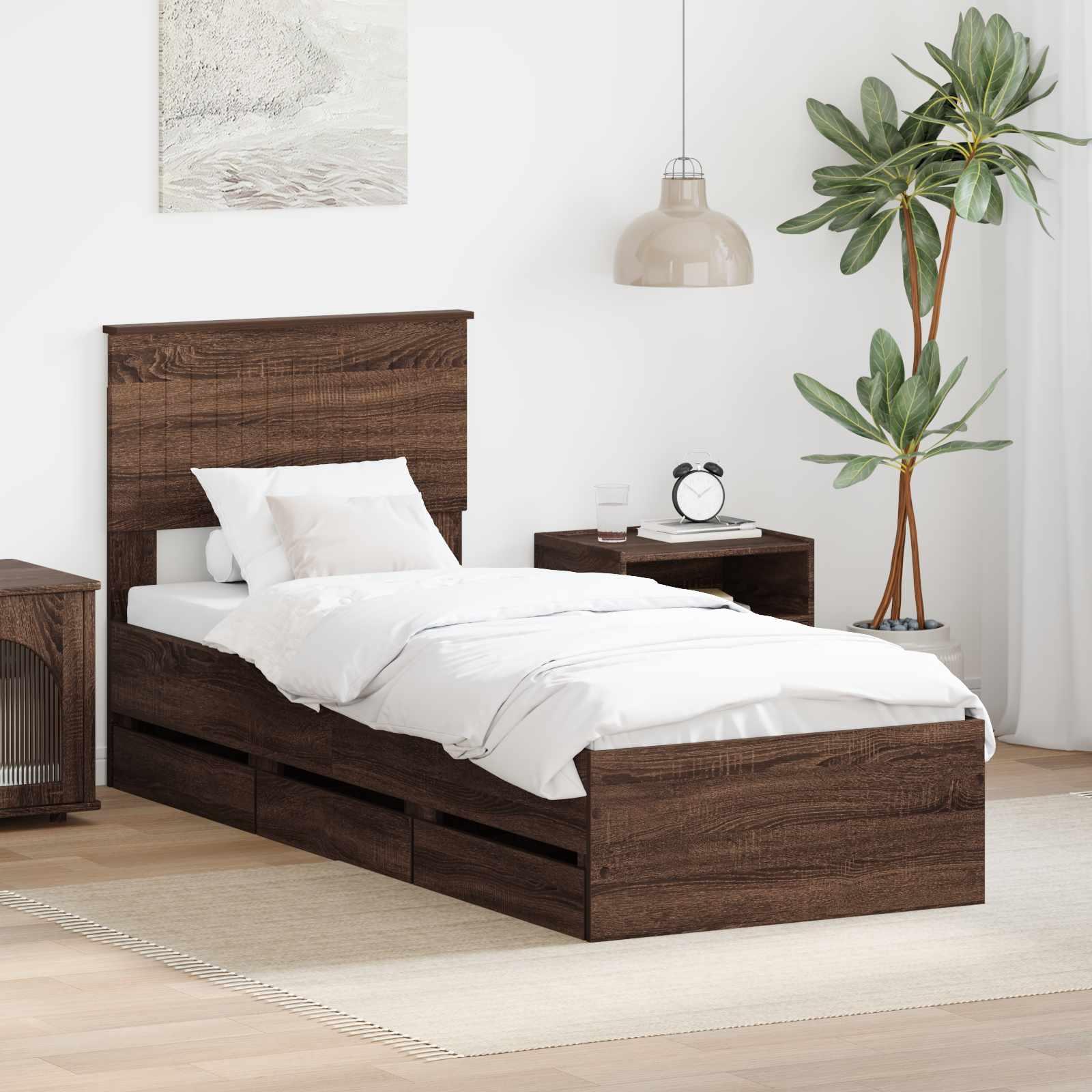 Sengestel med skuffer i brun eg 75 x 190 cm - konstrueret træ