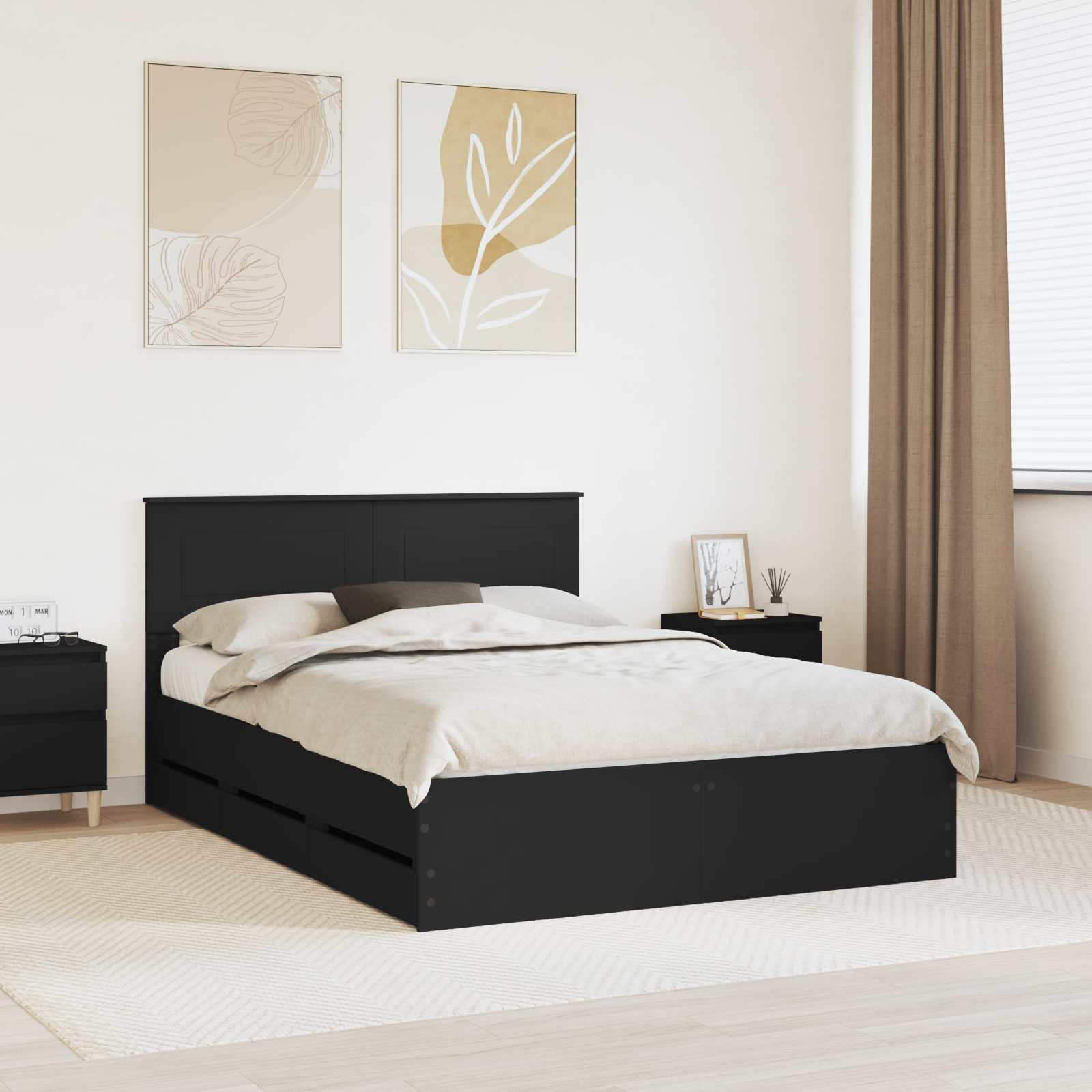 Sengestel med skuffe Sort 150 x 200 cm Ingeniørtræ billede