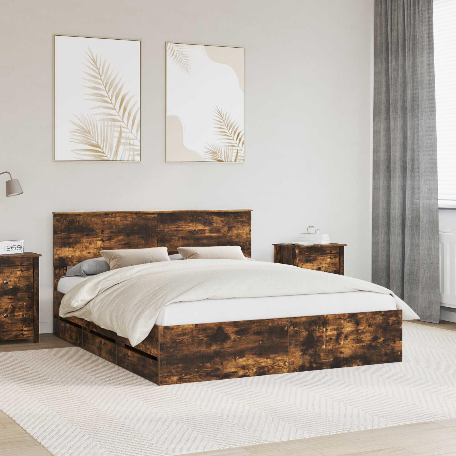Sengestel med skuffe Røget eg 160 x 200 cm Ingeniørtræ billede